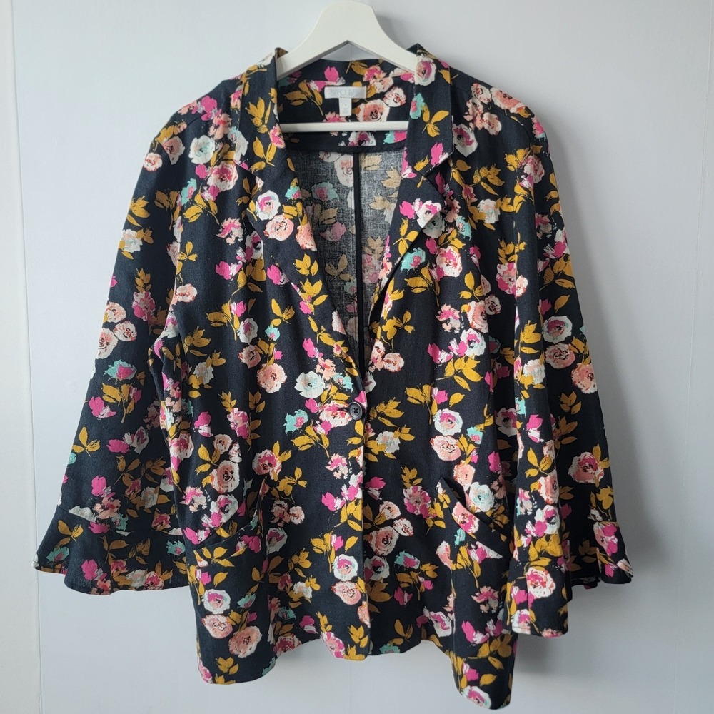 Aboud women's Linen blend Floral Jacket Blazer sz XL ruffle sleeve dark Romantic